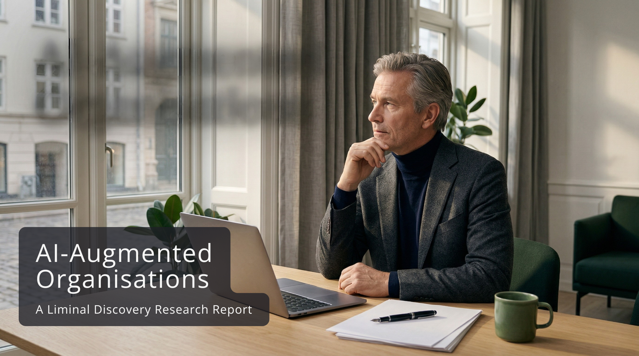 Senior technology leader reviewing AI implementation strategy — AI-Augmented Organisations report by Liminal Discovery.