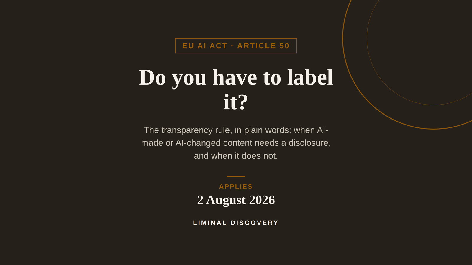 Cover image: The EU AI Act's Article 50 transparency rule, in plain words. Applies 2 August 2026. Liminal Discovery.